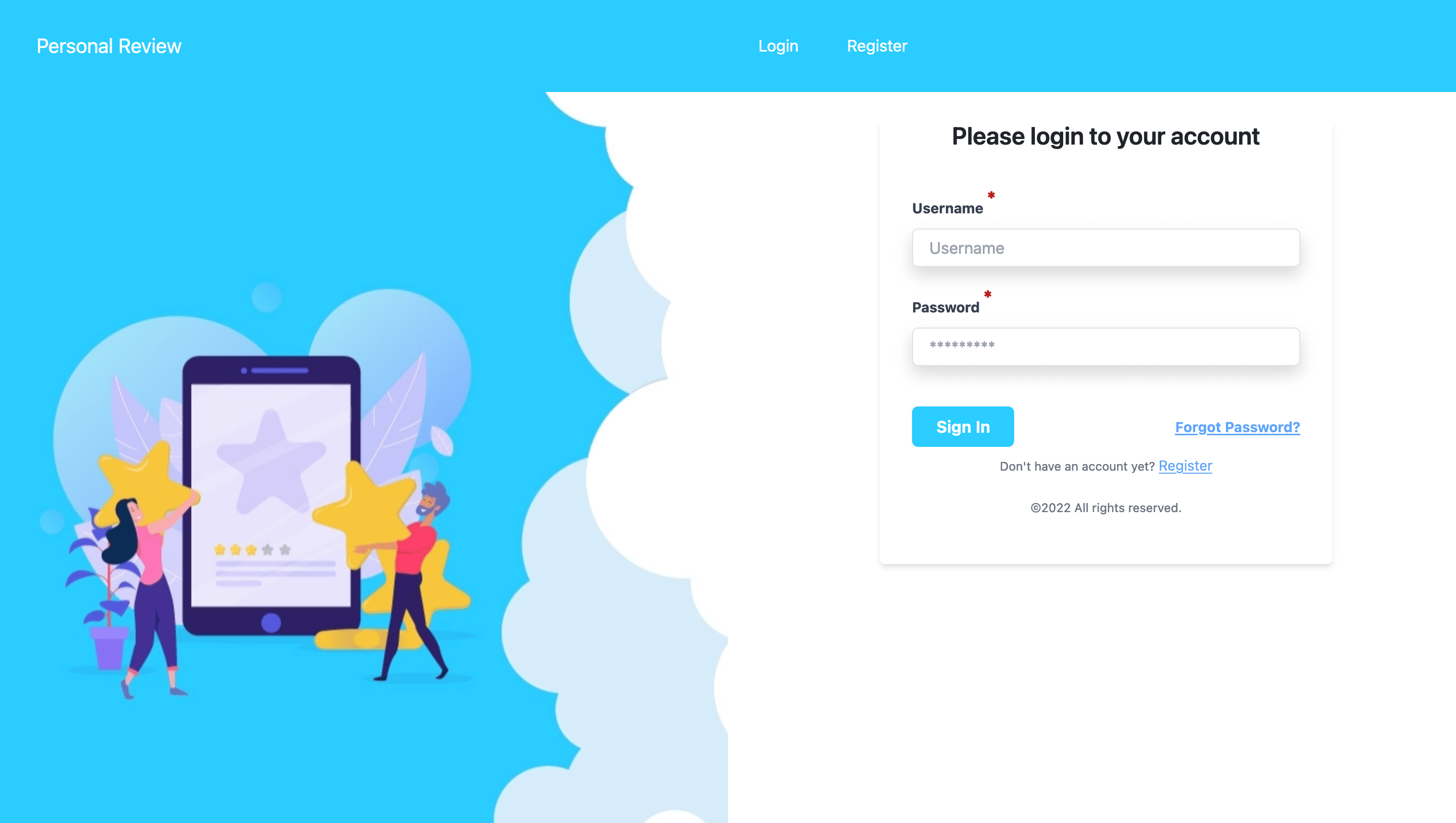 a login form with blue background on left and white background on right